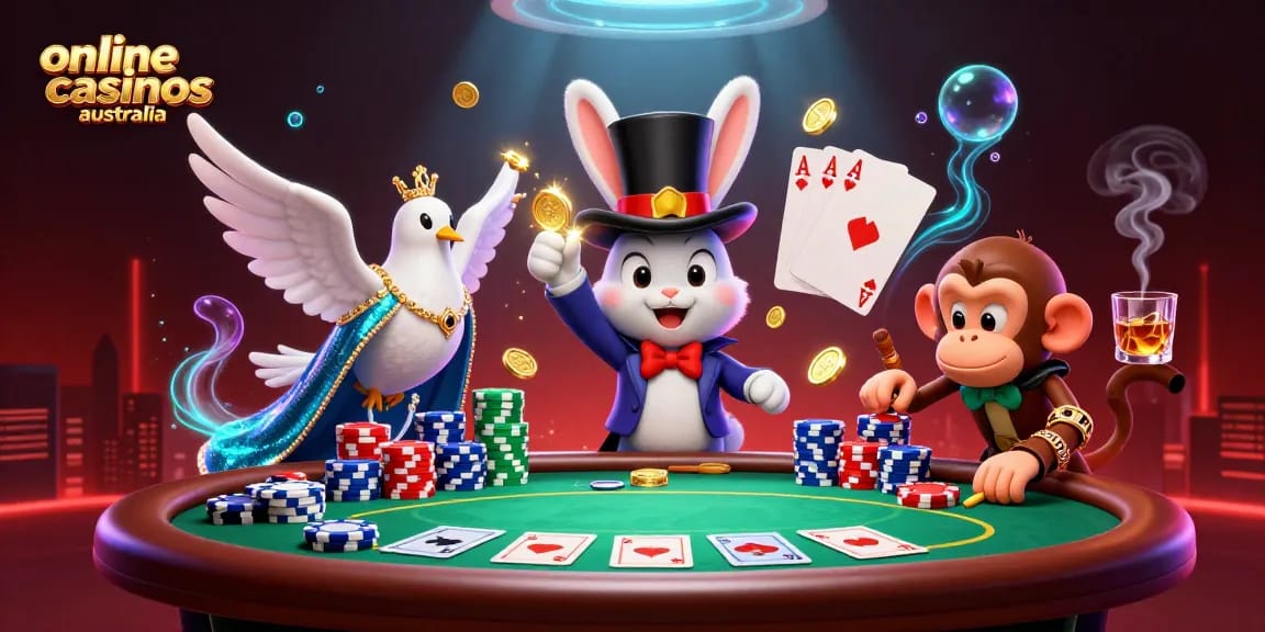 Engage with online casinos Australia in a magical casino world with vibrant characters and poker action.