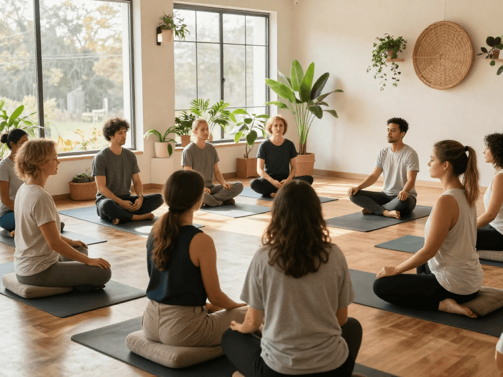 Group practicing mindfulness and wellness techniques at rokok88's mental health space.