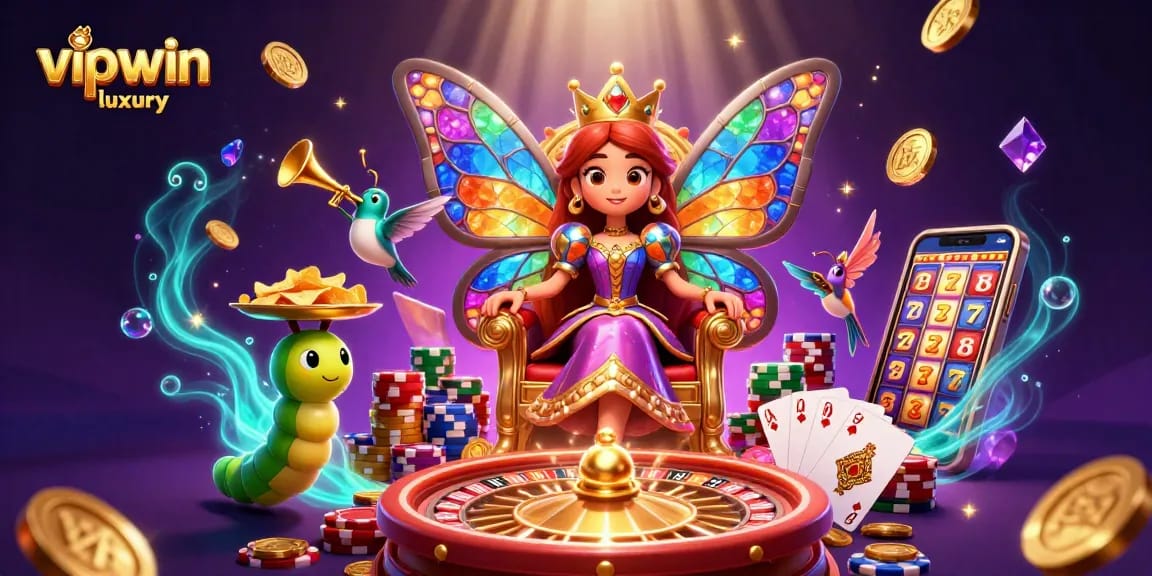 Experience thrilling games with vipwin luxury, surrounded by vibrant characters and casino elements.