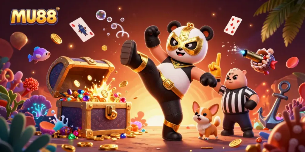 Experience the thrilling action at mu88 with vibrant characters and gaming elements bursting from the scene.