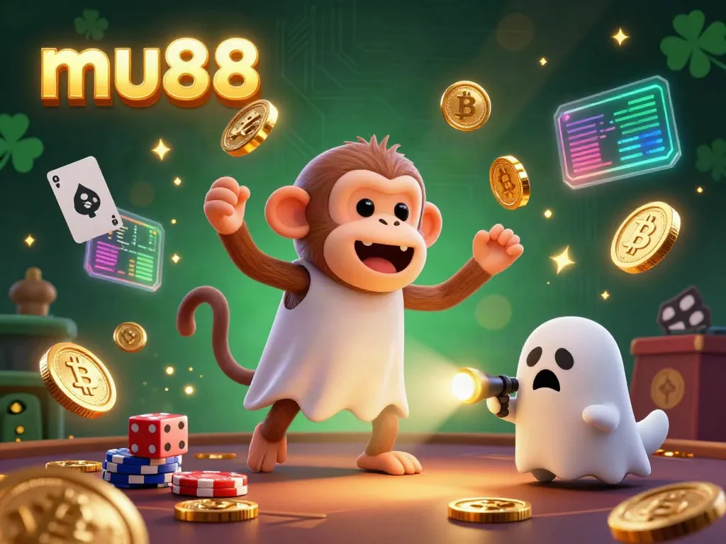 Experience the thrill of mu88 with a playful poltergeist monkey and ghost-hunter puppy in a vibrant casino scene.
