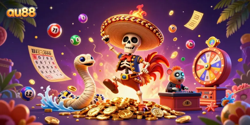 Experience the excitement of au88 with a lively scene featuring a skeleton mariachi and vibrant casino elements.
