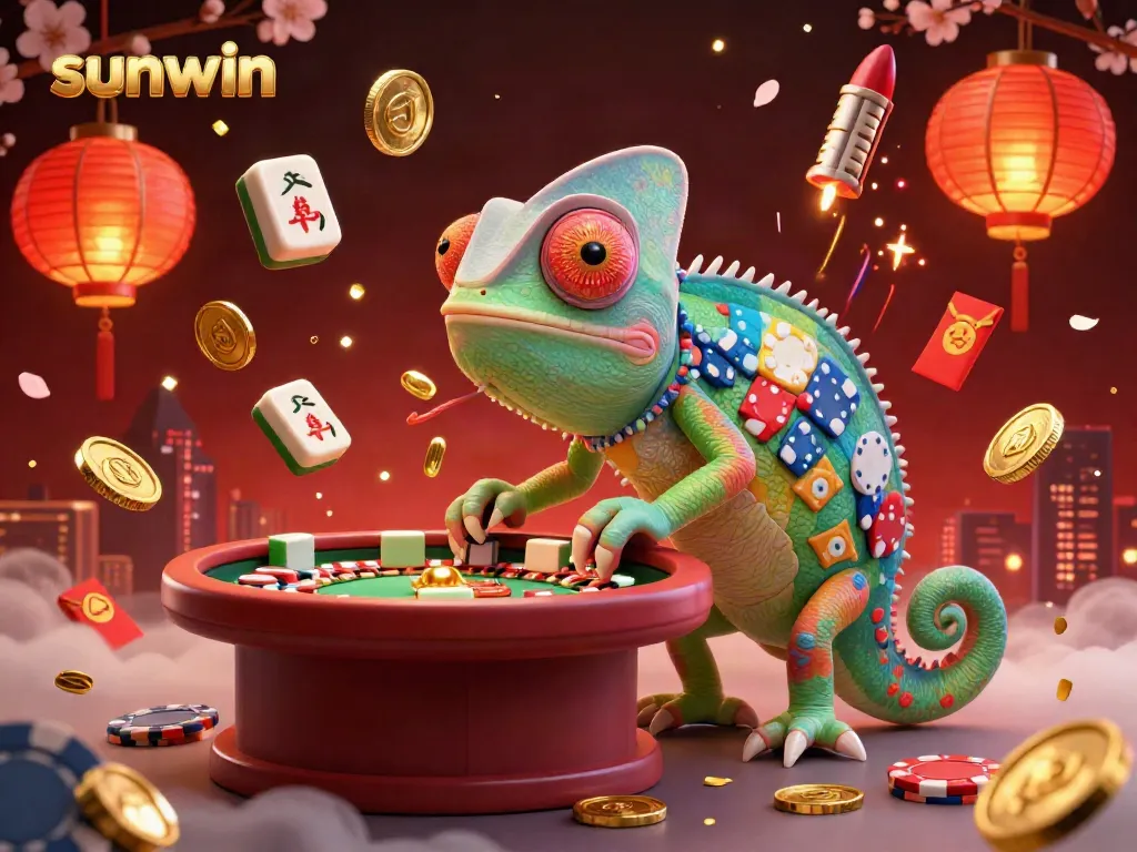 Experience the thrill of sunwin with a vibrant gaming scene featuring a chameleon casino owner.