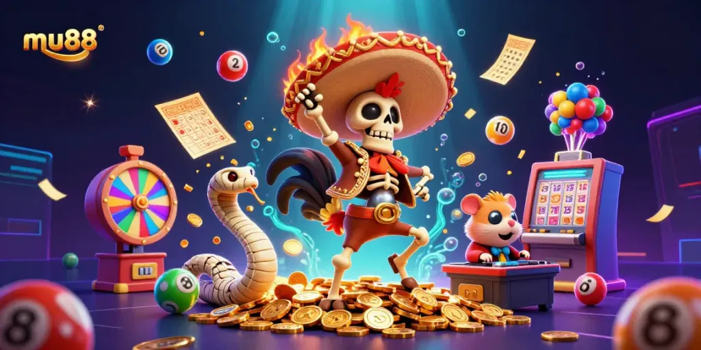 Experience vibrant gaming moments at mu88 with fun characters amidst lottery balls and golden treasures.