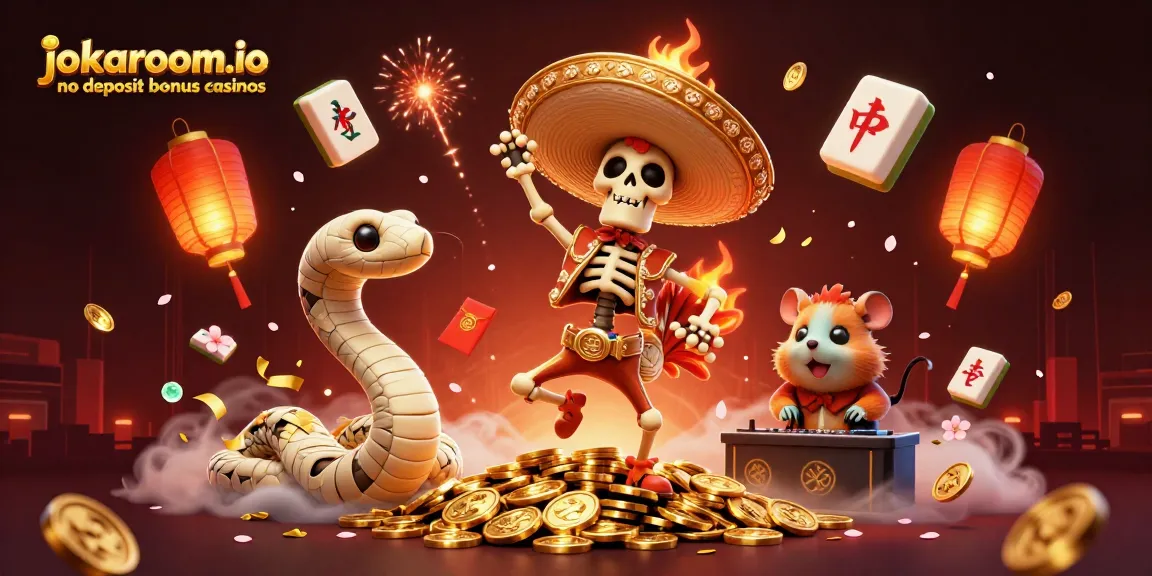 Experience excitement at jokaroom.io no deposit bonus casinos with vibrant casino-themed characters and elements.