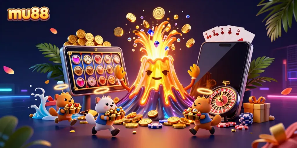 Enjoy thrilling gameplay at mu88 with a vibrant scene of treasure and casino elements.