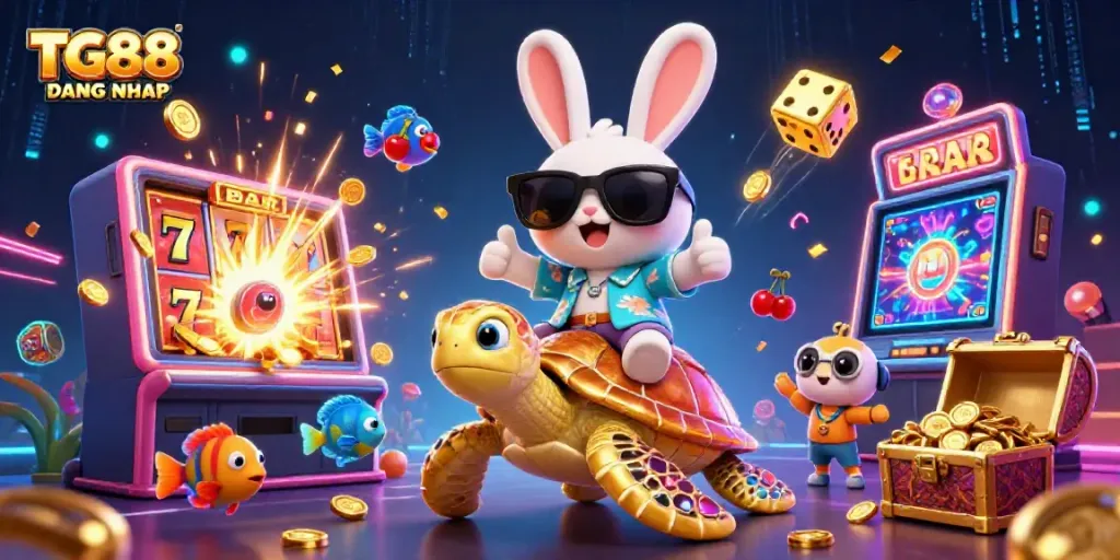 Experience the vibrant world of TG88 DANG NHAP, where a lucky rabbit rides a golden sea turtle amidst a jackpot explosion.