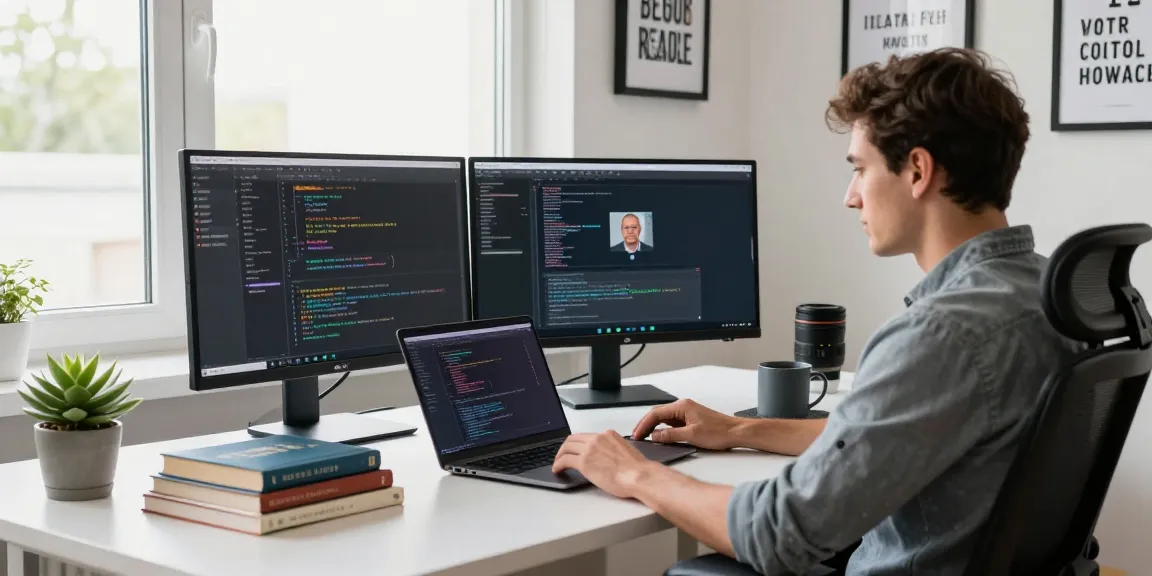 Developer working on WPS Download project at modern tech workspace with dual monitors and vibrant decor.