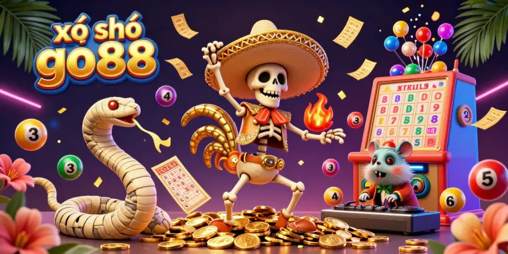Experience the excitement of xổ số go88 with colorful lottery balls and lively characters in a dynamic 3D illustration.